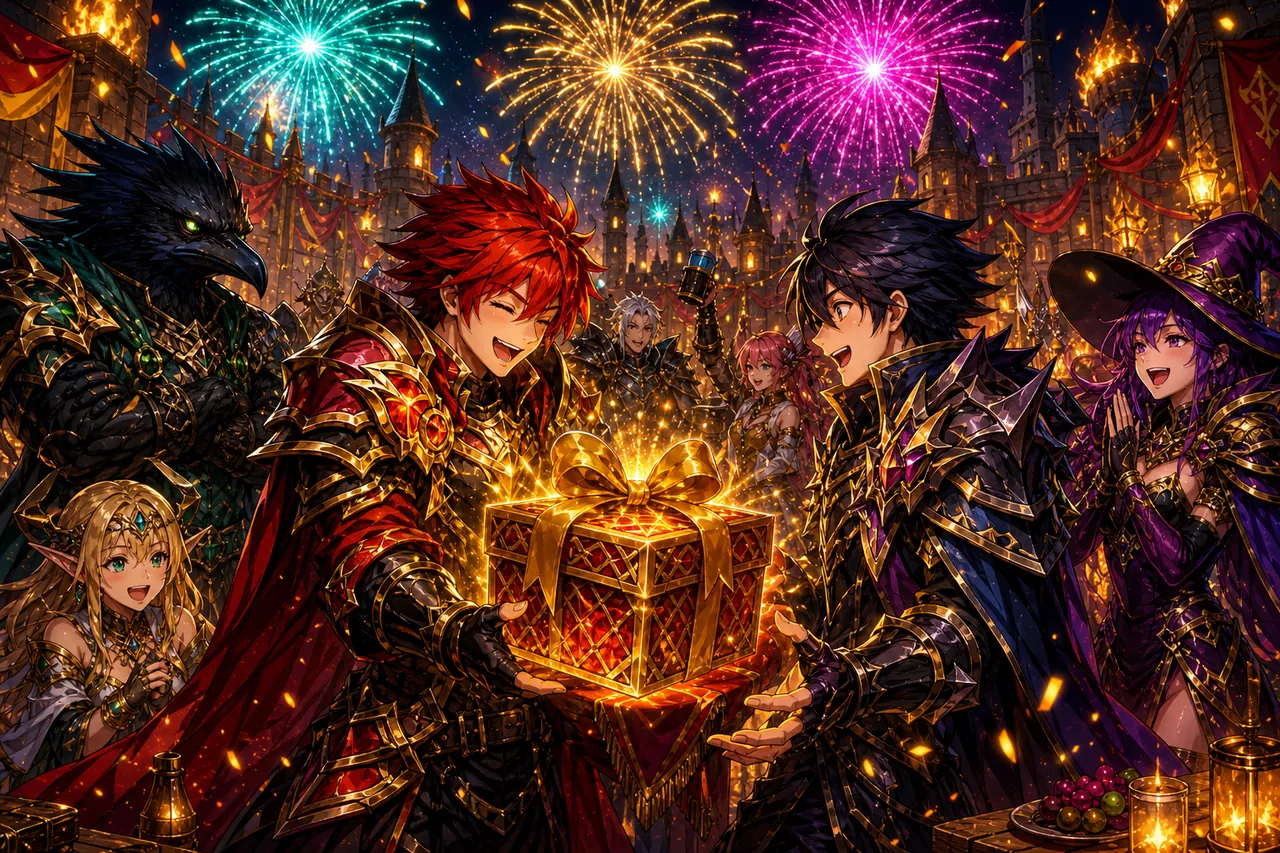 Heroes celebrating at a festival and exchanging gifts under fireworks