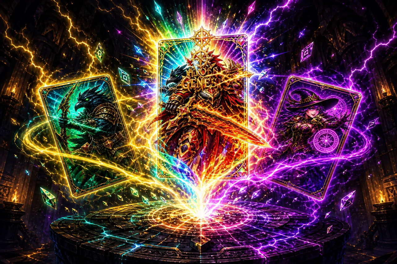 Two hero cards fusing into a blazing legendary card