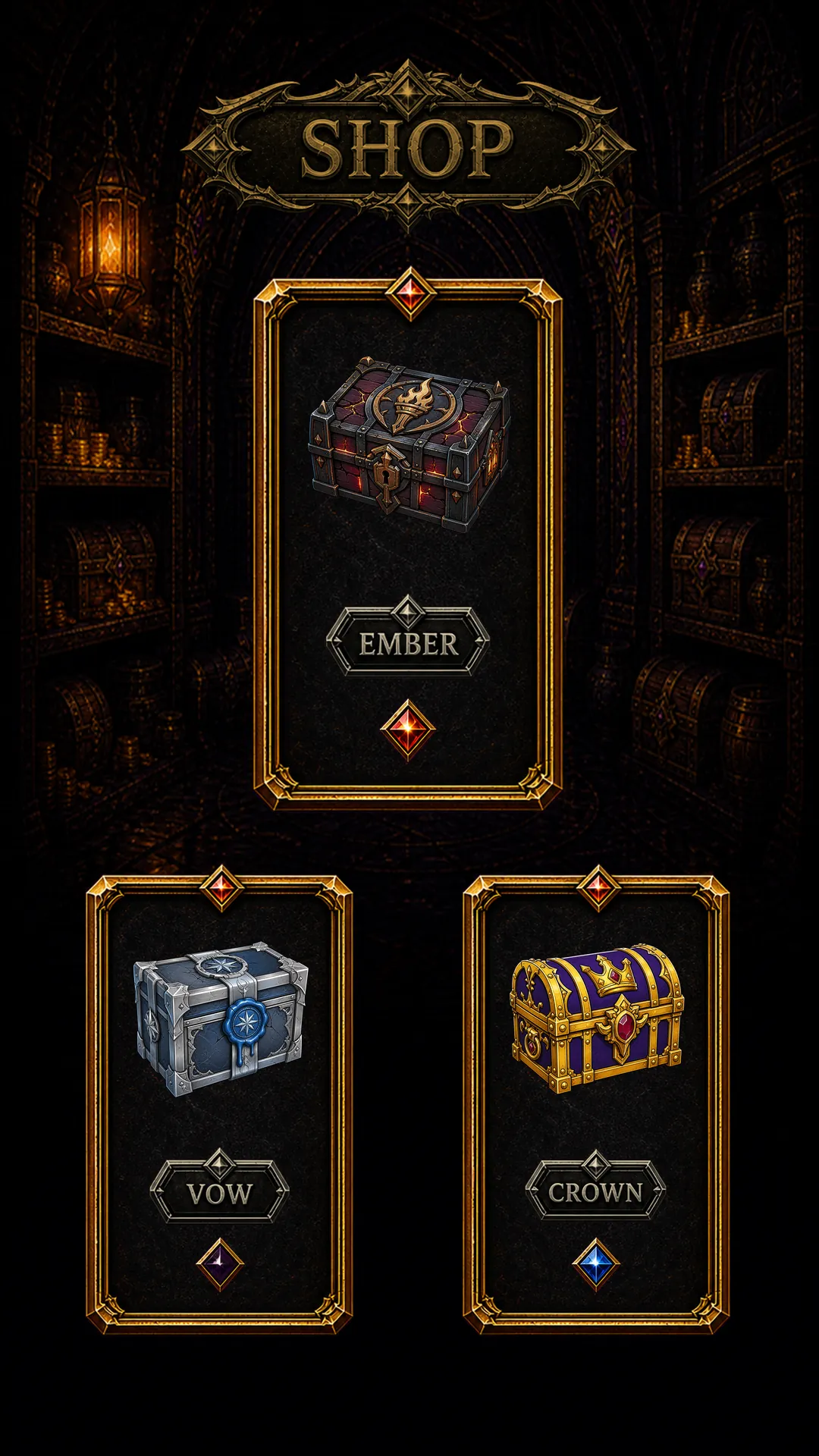 In-game shop screen with Ember, Vow, and Crown chests